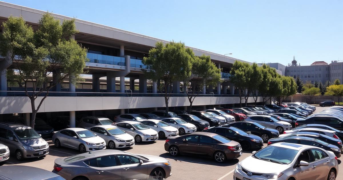 University commuter parking lot full of student cars under bright midday sun