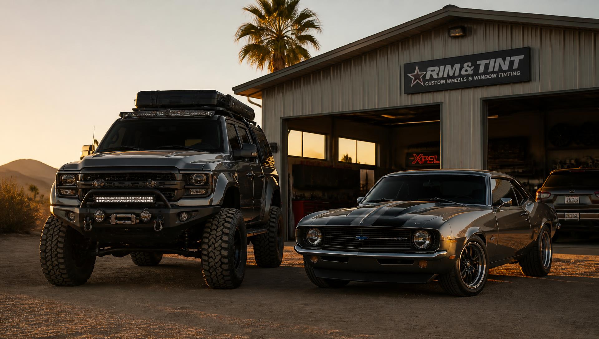 Custom off-road 4x4 truck and classic muscle car with tinted windows outside a Southern California workshop at golden hour