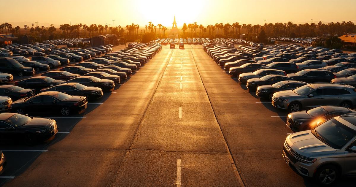 Rows of cars parked in an open Anaheim theme park surface lot under intense afternoon sun