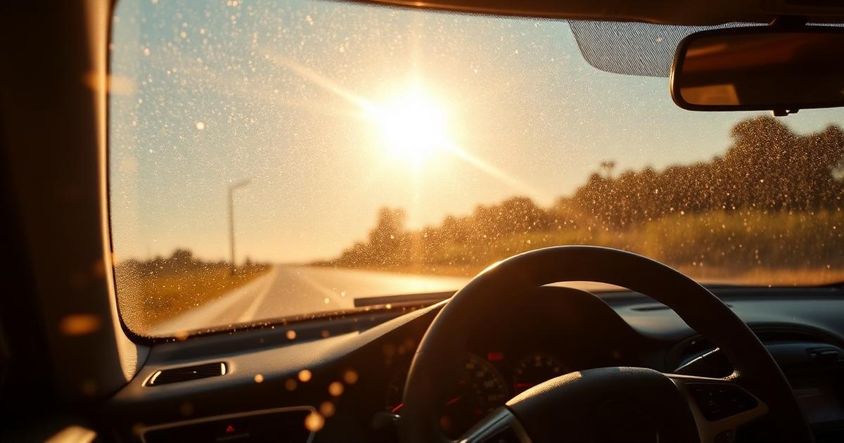 Car dashboard and steering wheel baking under intense sun through the windshield