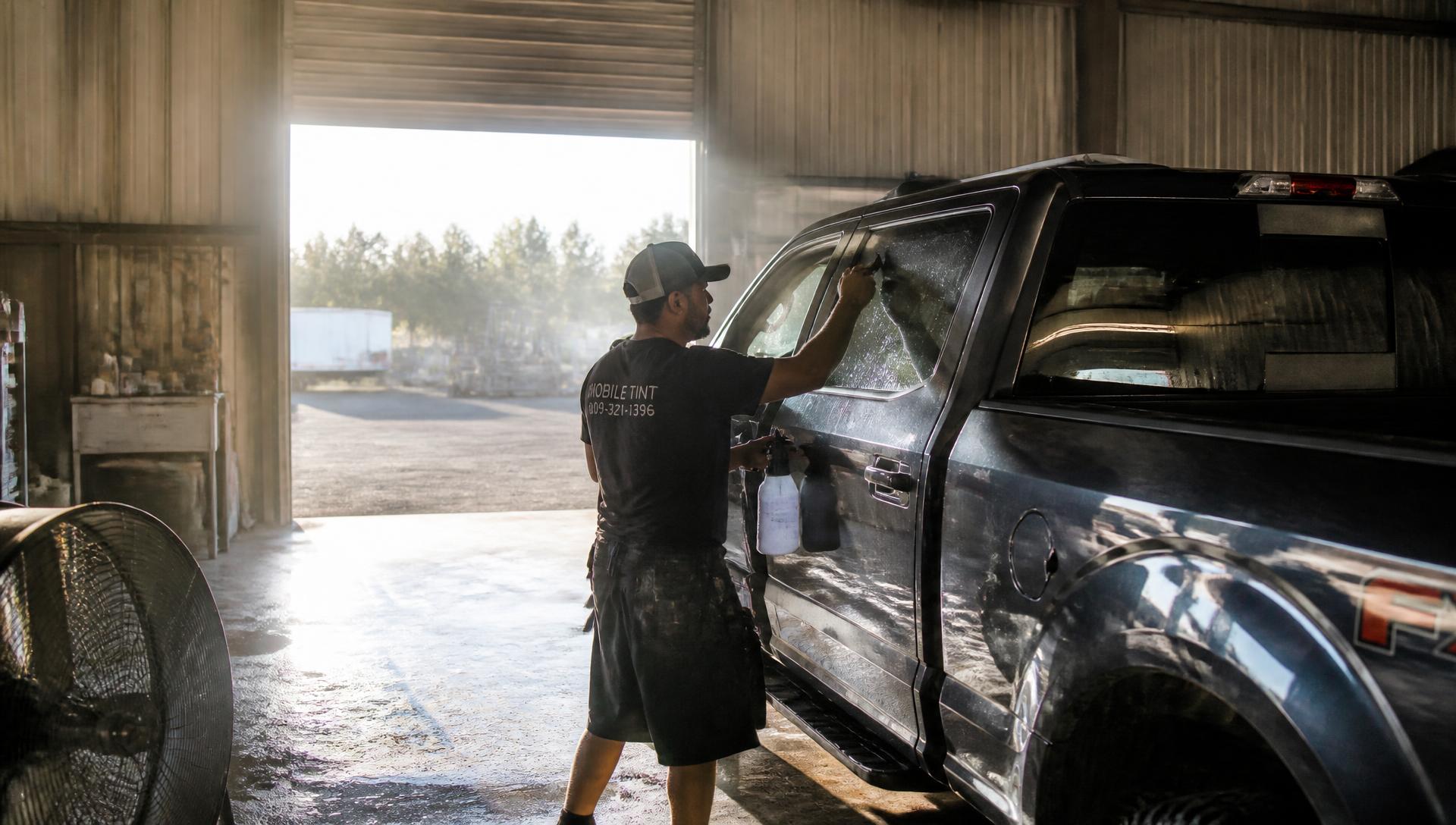 Mobile window tint technician installing ceramic film on a truck inside a dusty open workshop bay with a large fan