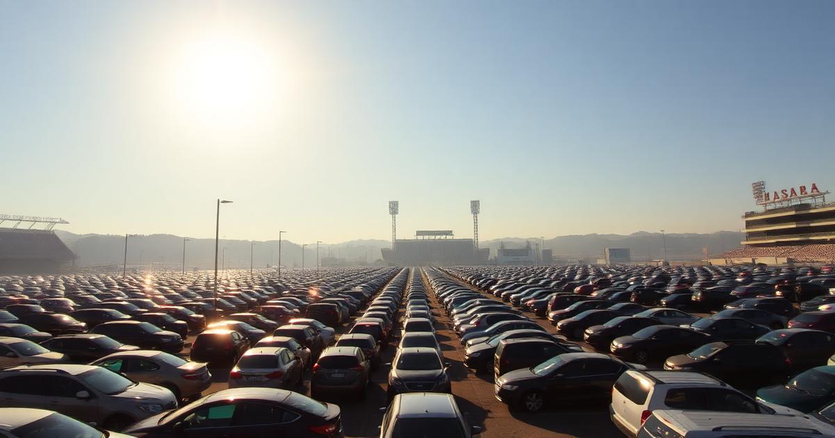 Packed stadium event parking lot in Orange County under bright midday sun with heat haze