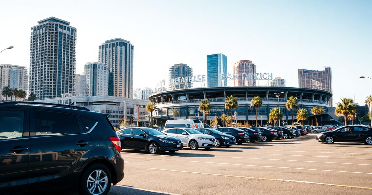 Cars parked in a downtown San Diego surface lot near Petco Park under strong afternoon sun