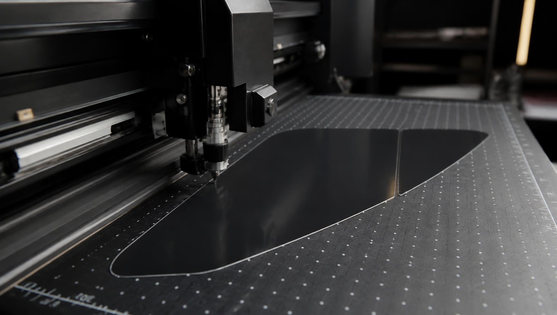 Computer plotter cutting a door window pattern from dark ceramic automotive window film on a cutting mat