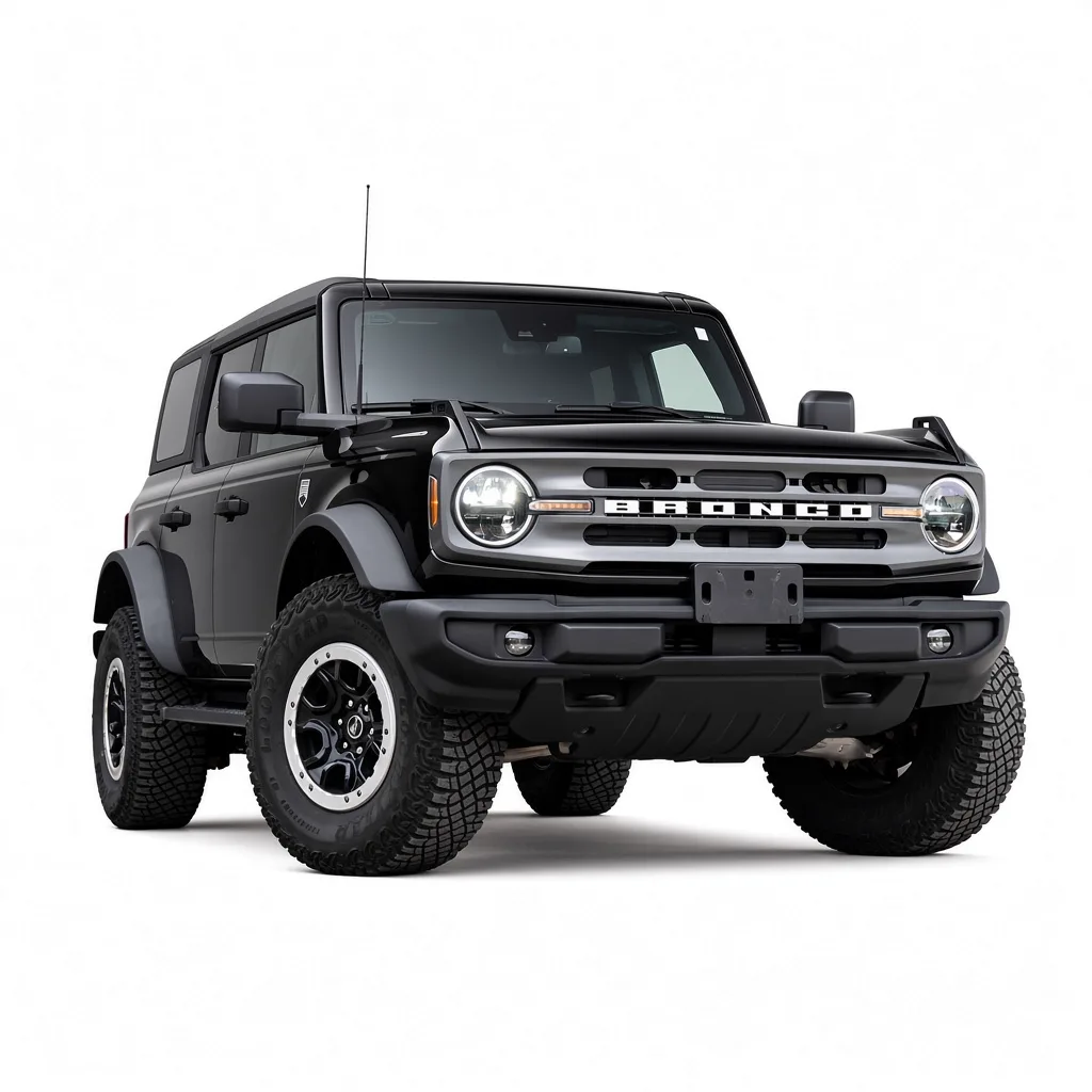 Black Ford Bronco on a white studio background with the windshield camera housing visible at the top of the glass