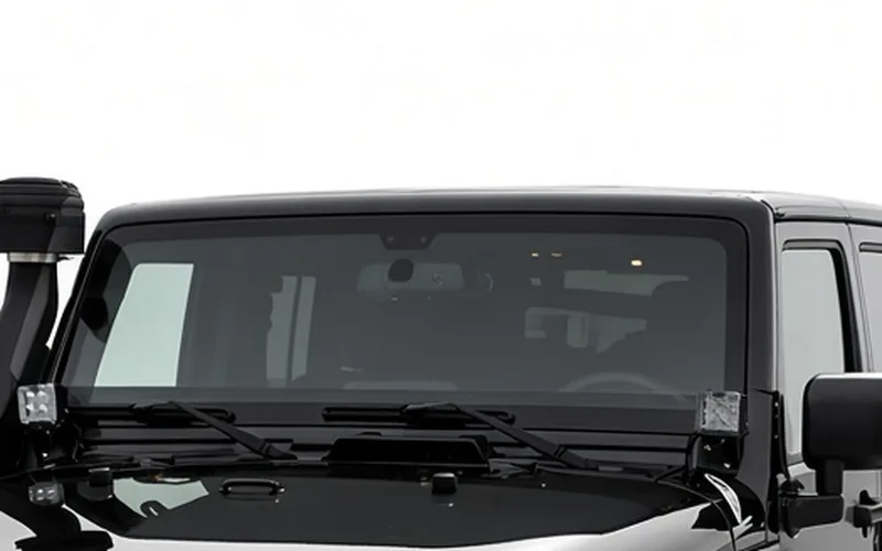 Studio close-up of a Jeep windshield and roofline, showing clear, distortion-free glass