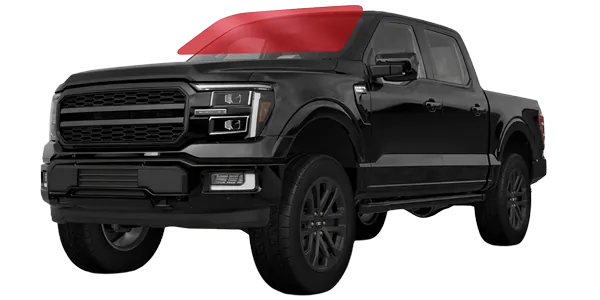 Black Ford F-150 with the pre-cut ExoShield ULTRA windshield film area highlighted in red