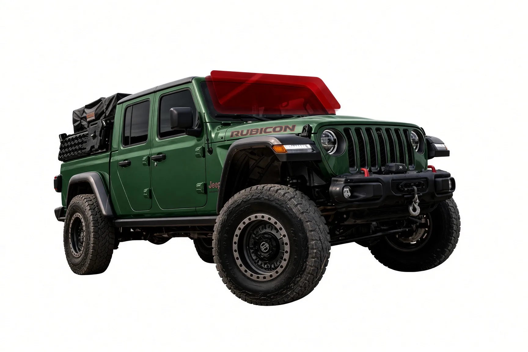 Green Jeep Gladiator Rubicon on a white studio background with the windshield protection film area highlighted in red
