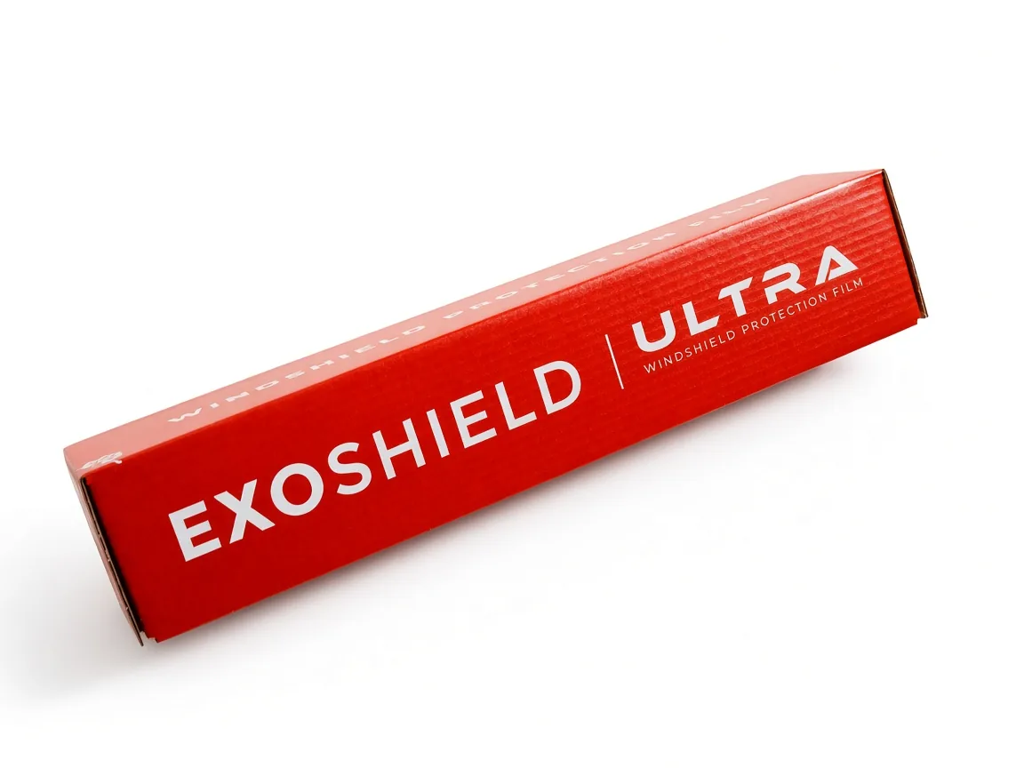 Red ExoShield ULTRA windshield protection film kit box on a white studio background