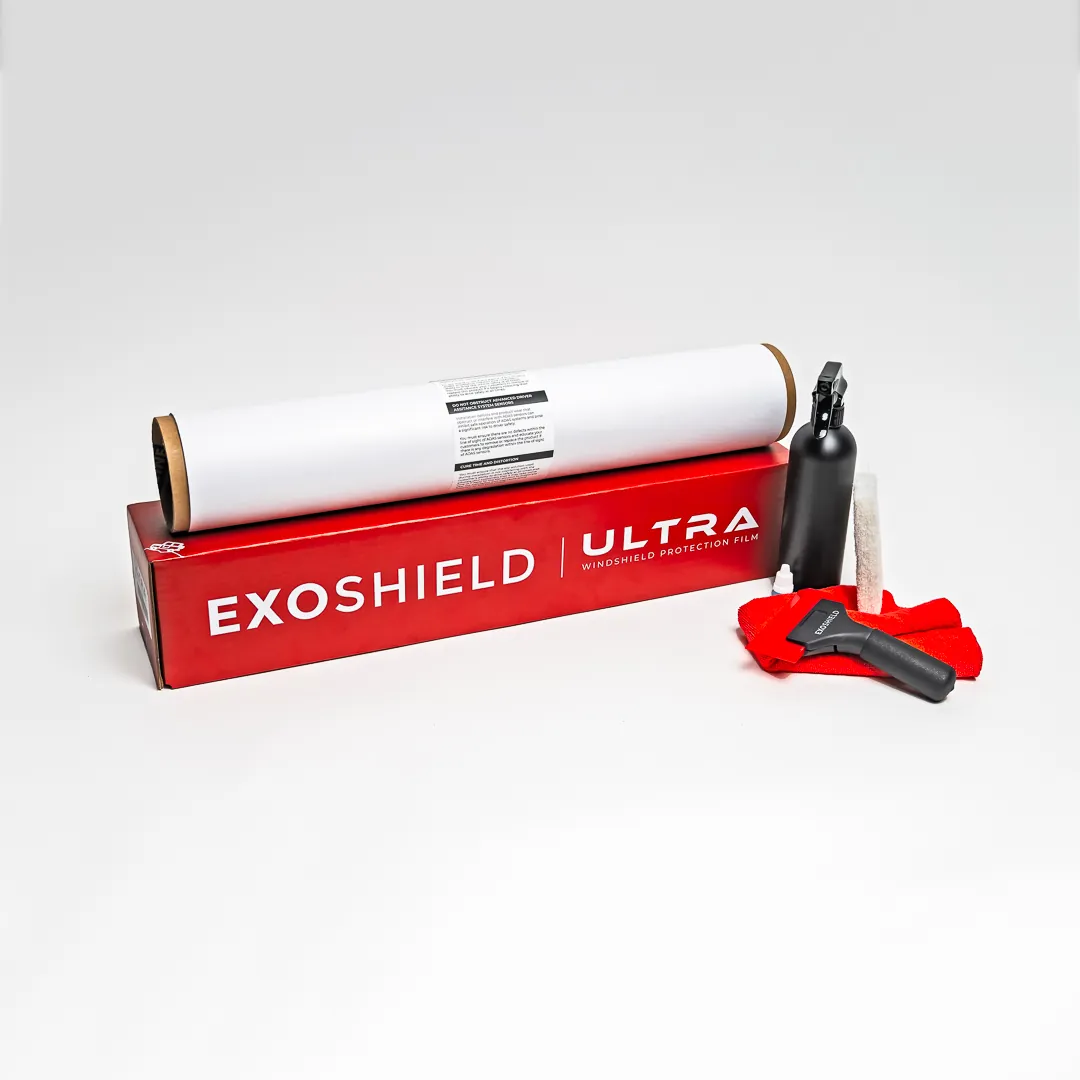 ExoShield ULTRA pre-cut windshield protection film kit box and rolled 8-mil film