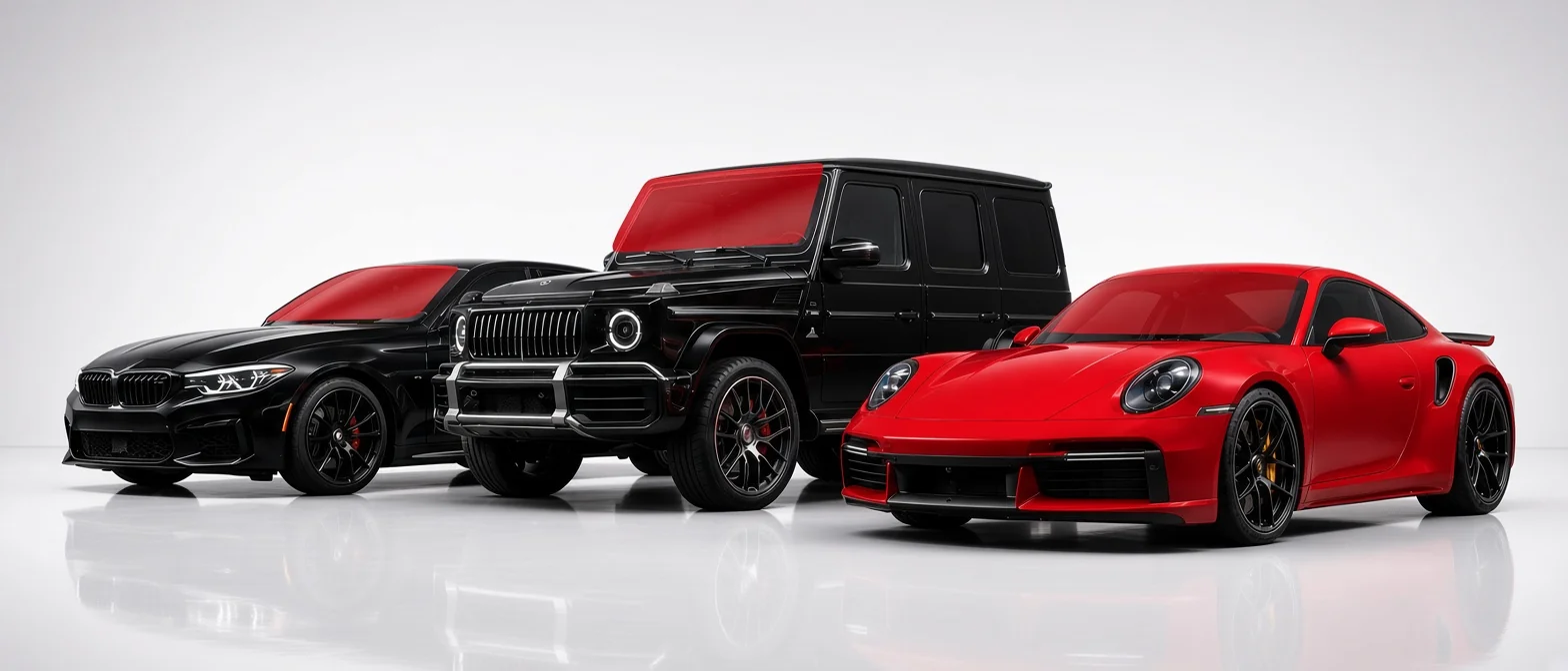 Black BMW sedan, black Mercedes G-Class and red Porsche 911 in a studio lineup, each with ExoShield windshield protection film