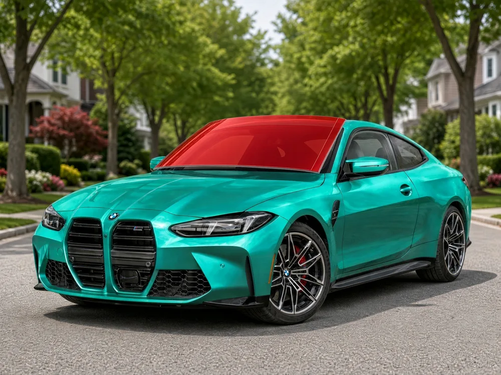 Teal-green BMW M4 (G82) coupe with ExoShield ULTRA windshield protection film shown over the windshield