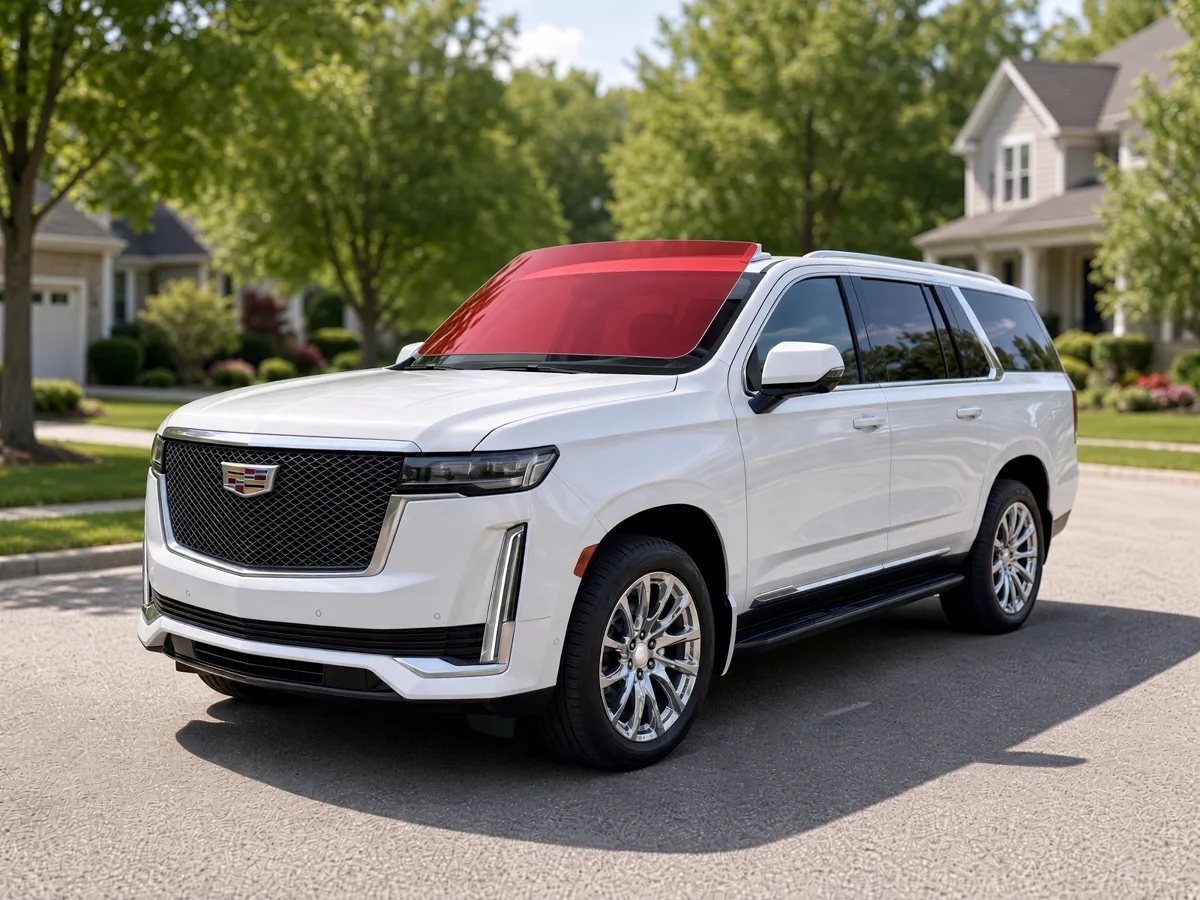 White Cadillac Escalade with its windshield highlighted for ExoShield ULTRA pre-cut protection film