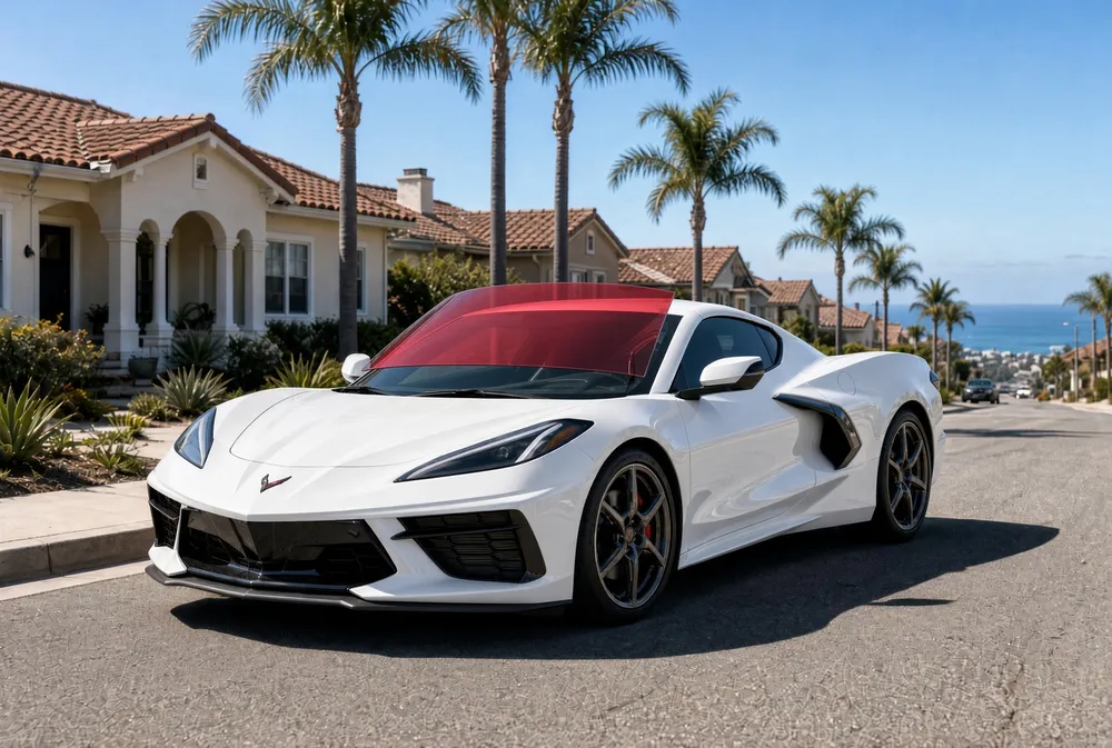 White C8 Corvette Stingray on a San Diego street with its windshield highlighted for ExoShield ULTRA protection film