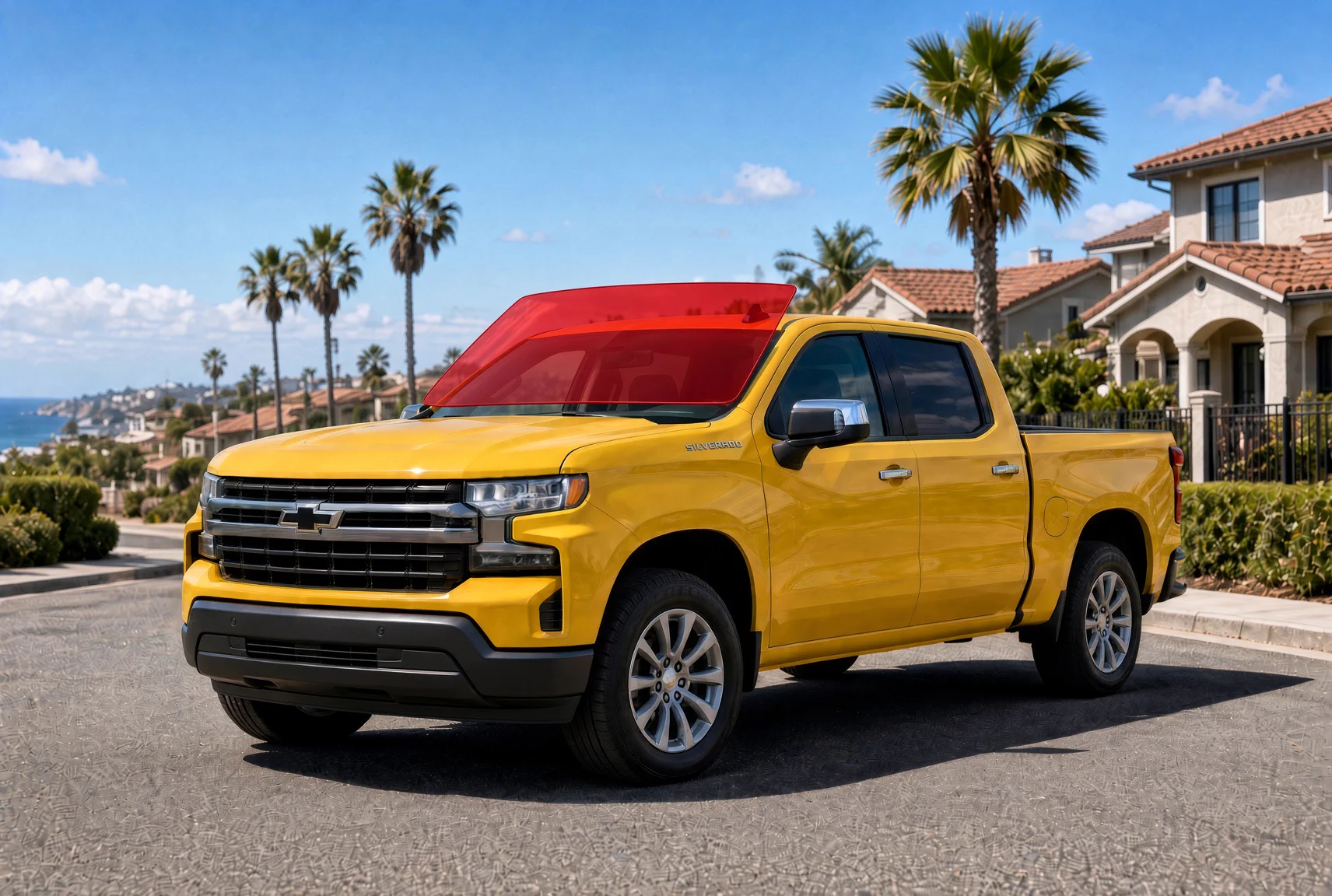Yellow Chevrolet Silverado 1500 in a coastal San Diego neighborhood with the windshield highlighted for ExoShield ULTRA film