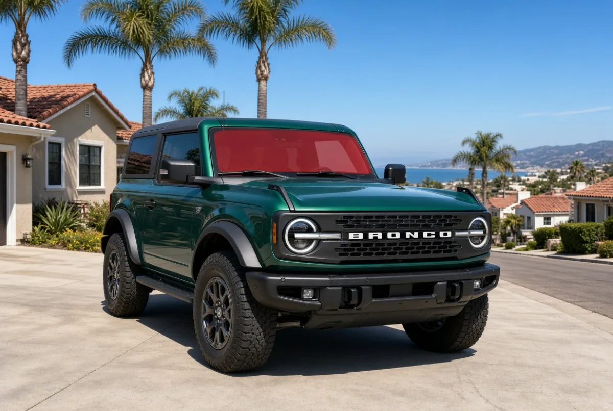 Green 6th-gen Ford Bronco 2-door on a San Diego driveway with its windshield highlighted for ExoShield ULTRA protection film