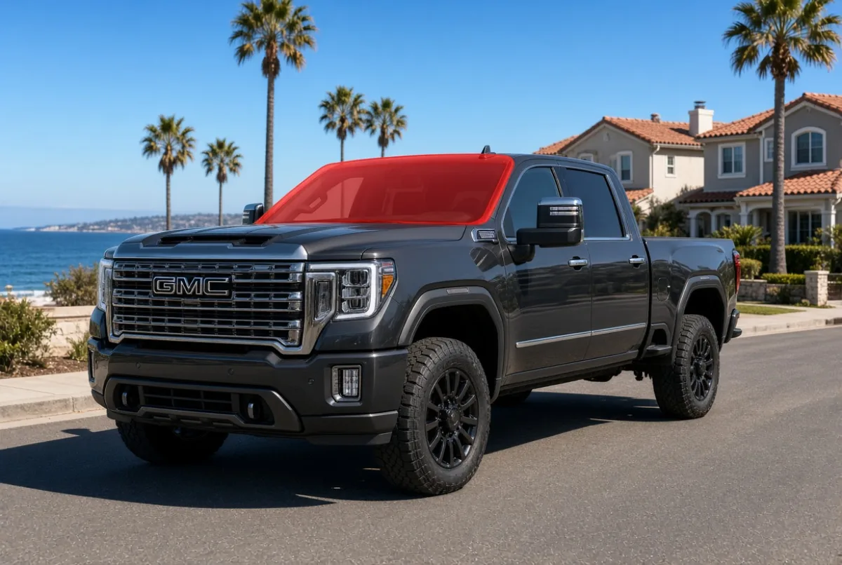 Dark gray GMC Sierra 1500 pickup on a coastal San Diego street with its windshield highlighted for ExoShield ULTRA protection film