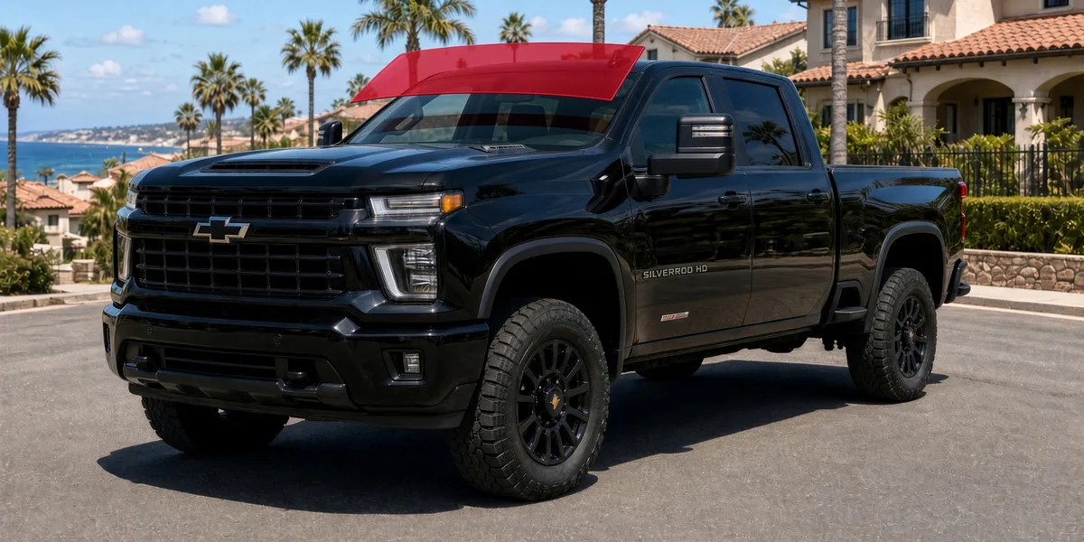 Black Chevrolet Silverado HD in a coastal San Diego neighborhood with the windshield highlighted for ExoShield ULTRA film