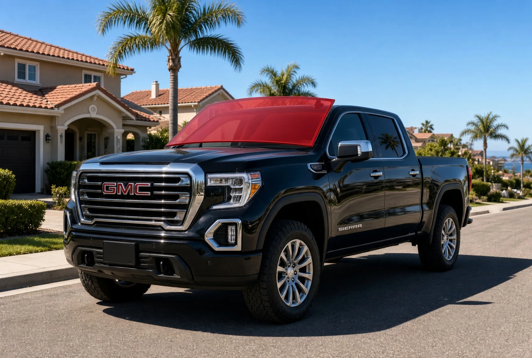 Black GMC Sierra HD truck on a San Diego residential street with the windshield highlighted for ExoShield ULTRA film