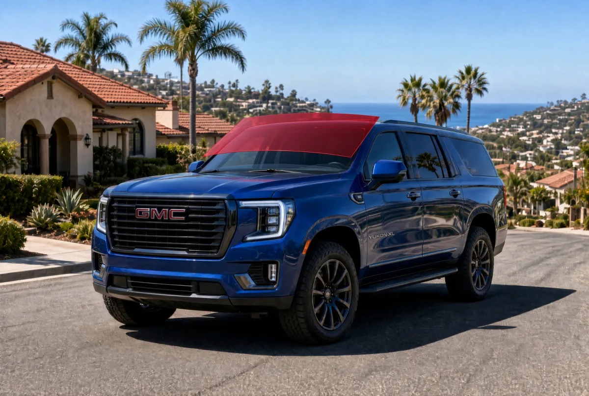Blue GMC Yukon XL SUV on a coastal San Diego street with its windshield highlighted for ExoShield ULTRA pre-cut protection film