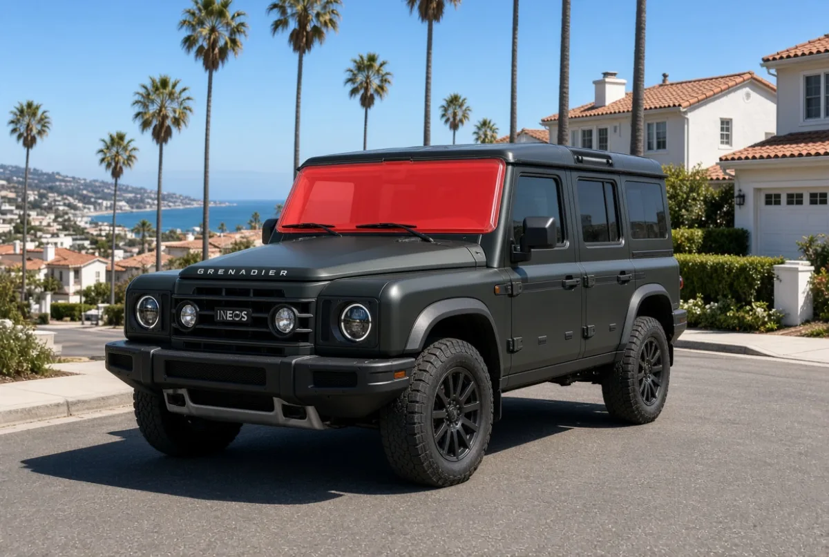 Matte dark green INEOS Grenadier on a San Diego coastal street with its flat windshield highlighted for ExoShield ULTRA film