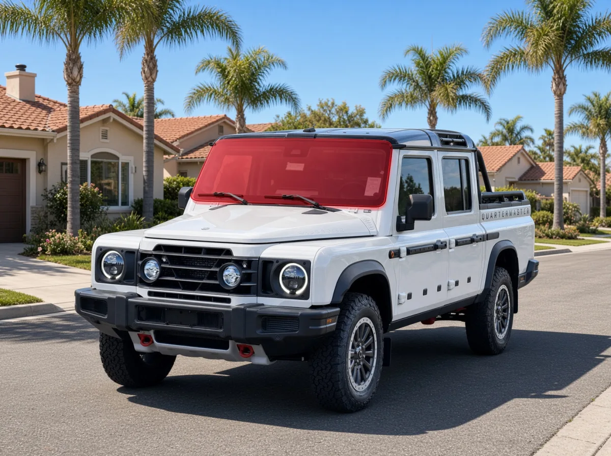 White INEOS Quartermaster pickup on a San Diego residential street with its windshield highlighted for ExoShield ULTRA film