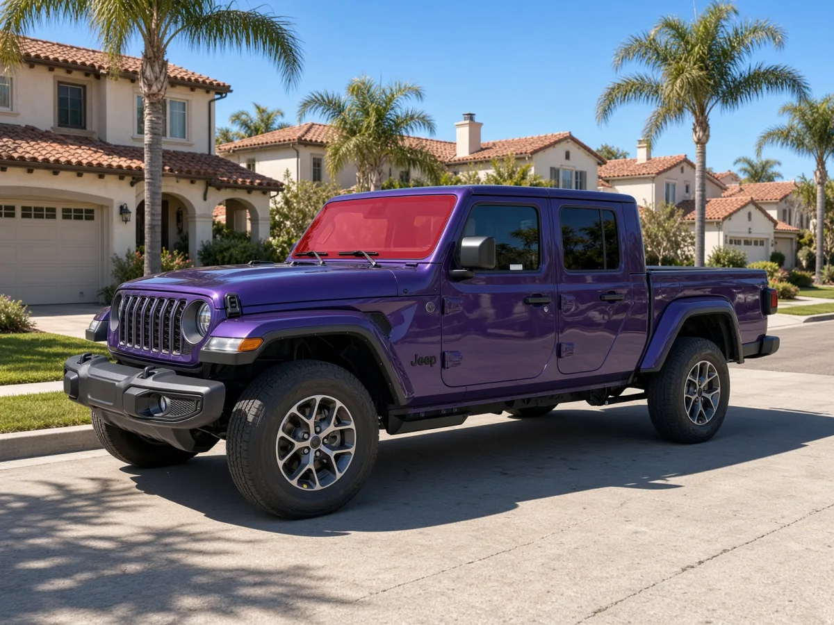 Purple Jeep Gladiator JT on a San Diego street with its windshield highlighted for ExoShield ULTRA film