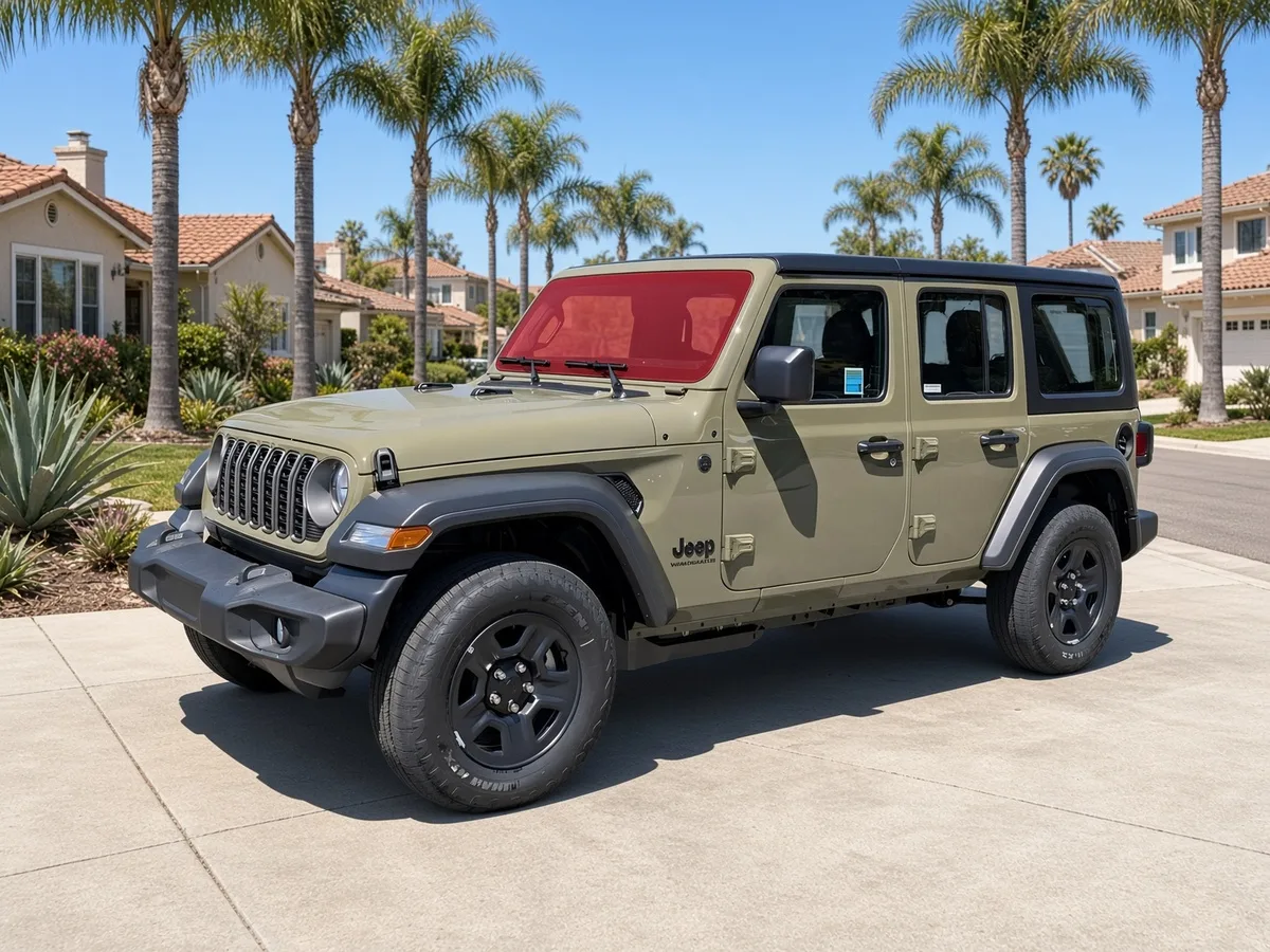 Green Jeep Wrangler JL on a San Diego driveway with its windshield highlighted for ExoShield ULTRA film