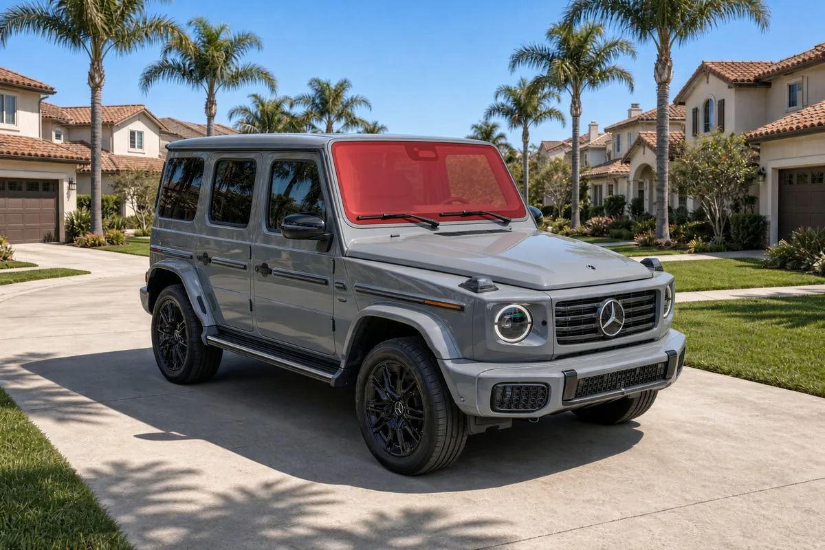 Gray Mercedes-Benz G-Class W463 on a San Diego driveway with its windshield highlighted for ExoShield ULTRA film