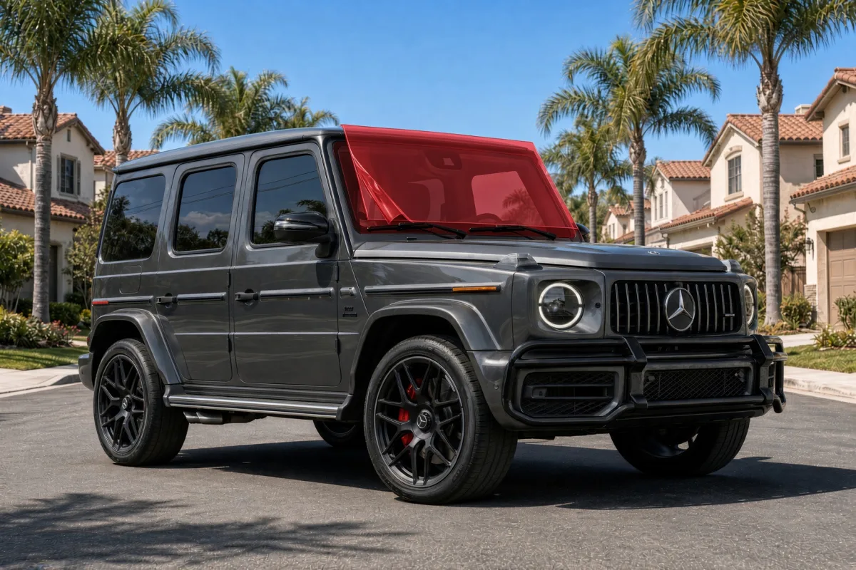 Dark gray Mercedes-Benz G-Class W465 AMG on a San Diego street with its windshield highlighted for ExoShield ULTRA film