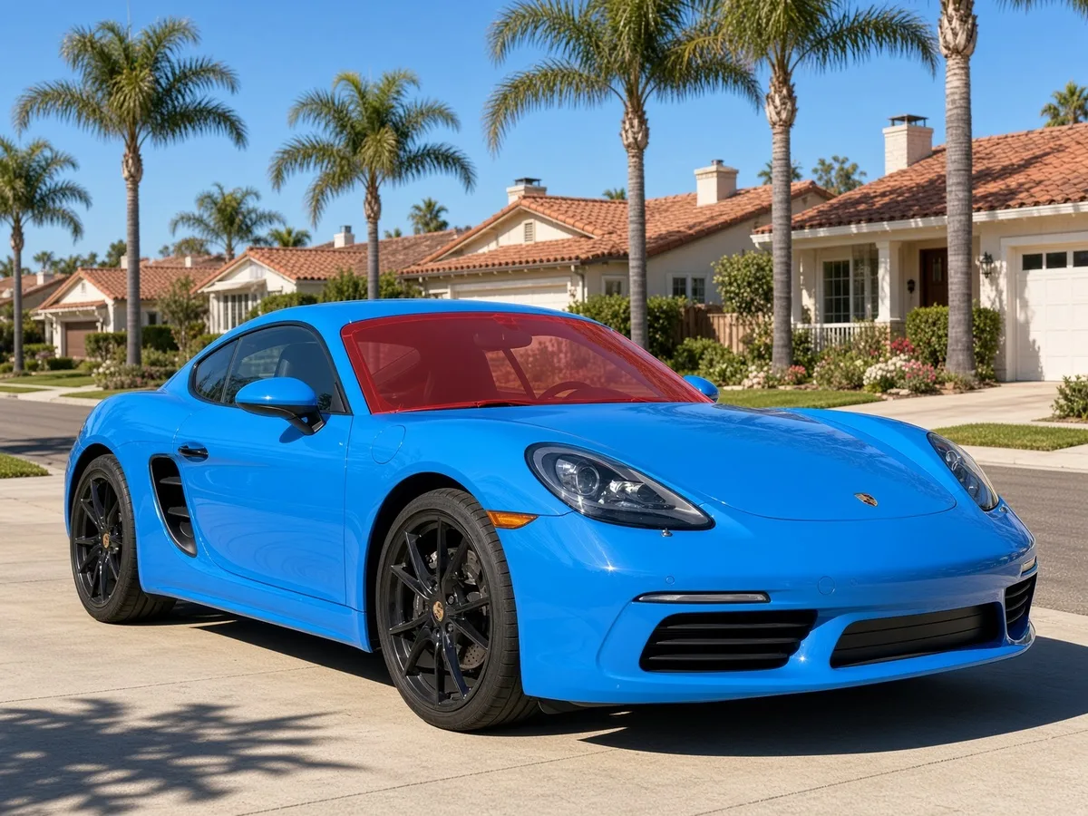 Blue Porsche 718 Cayman on a San Diego street, a 2017-2025 model that fits the ExoShield ULTRA windshield kit