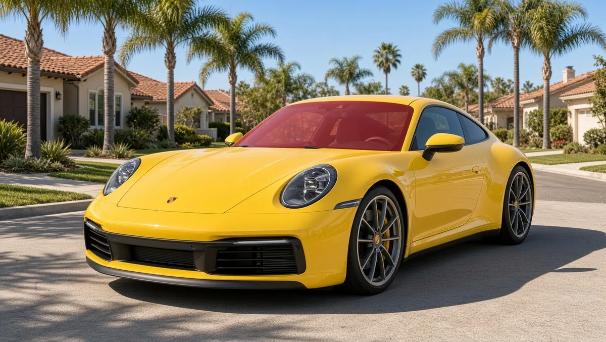 Yellow Porsche 911 (992) on a San Diego street, fitted with the ExoShield ULTRA pre-cut windshield protection film kit