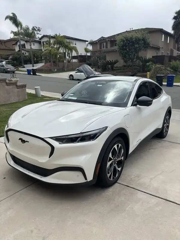 Ford Mustang Mach-E driver side three-quarter view with HiTek ceramic IR window tint — San Diego mobile EV window tinting
