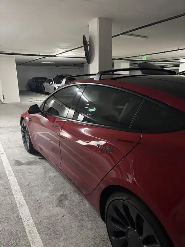 Tesla Model 3 Performance side profile showing tinted glass roof and rear quarter window — BestAutoTechs San Diego