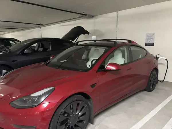 Tesla Model 3 Performance driver door open showing ceramic tint installation in progress — BestAutoTechs San Diego