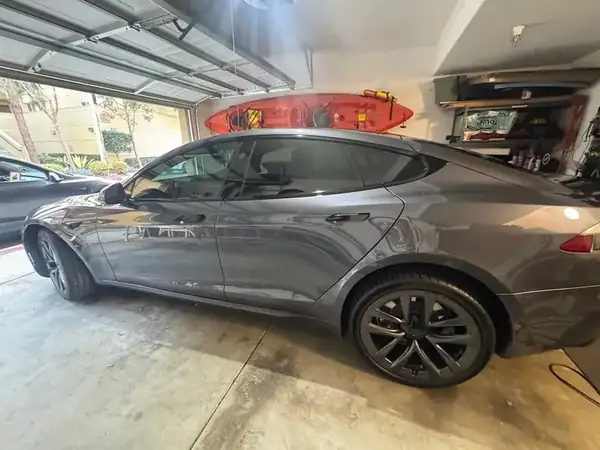 Tesla Model S side profile with ceramic tint on all windows and windshield — San Diego mobile service