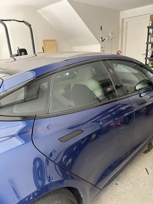 2021 Tesla Model S Plaid rear passenger door close-up showing freshly installed ceramic IR window tint and cream interior — mobile window tinting San Diego