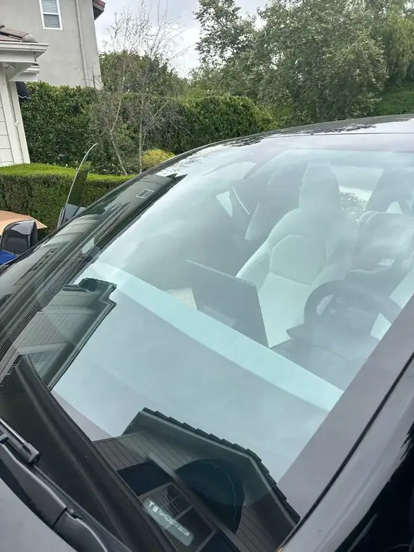 2025 Tesla Model Y windshield close-up after 70% HiTek Ceramic IR windshield tint install — BestAutoTechs Orange County mobile